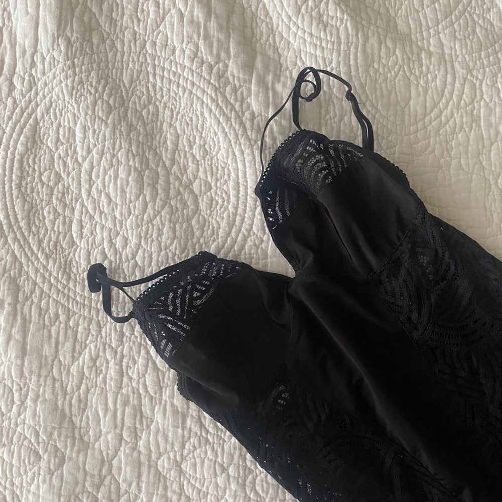 For Love and Lemons Skivvies black thong bodysuit with mesh/lace cutouts